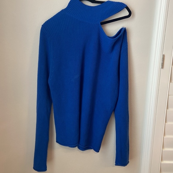 RtA Langley Lagoon Blue Cutout Cotton Turtleneck Sweater Asymmetrical Knit Top - Picture 3 of 6
